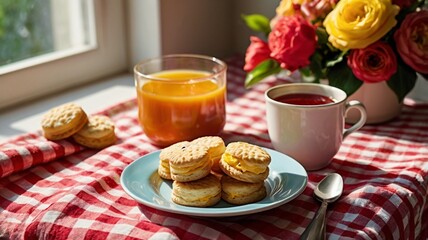 A vibrant and cheerful setup of a bright-colored coffee cup with a plate of buttery biscuits topped with jam, placed on a gingham cloth in a sunny kitchen.
