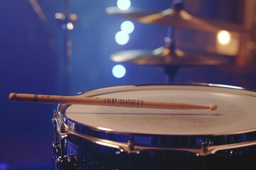Obraz premium Drumstick rests on snare drum, blurred stage lights.