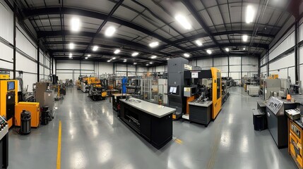 Fototapeta premium a panoramic view of custom machinery solutions tailored for precision manufacturing, sharp metallic textures, clean factory ambiance