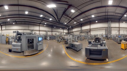 Fototapeta premium a panoramic view of custom machinery solutions tailored for precision manufacturing, sharp metallic textures, clean factory ambiance