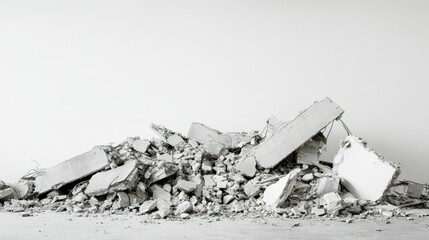 Destroyed building debris with exposed beams and shattered concrete, photographed against a plain white backdrop