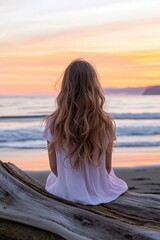Fototapeta premium A woman with long brown hair sits on a log on the beach. The sun is setting, casting a warm glow over the scene. The woman is lost in thought, taking in the beauty of the sunset