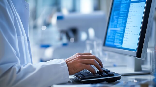 Laboratory technician working at computer in modern lab environment