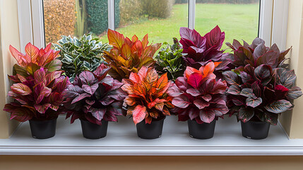 Colorful potted plants in a row on a windowsill.