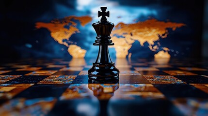 Strategic Chess King on a Reflective Chessboard with World Map Background