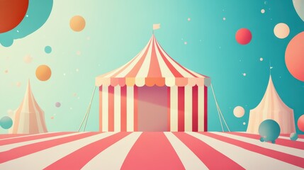 Fototapeta premium Vibrant World circus day celebration with colorful tent and balloons. Horizontal banner. Copy space. Flat illustration in pastel colors