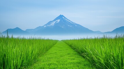 Fototapeta premium Serene Misty Mountain Landscape Green Grass Path to Peak