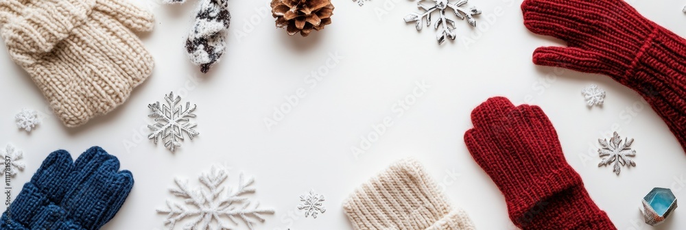 Poster soft gloves and a warm scarf are arranged with snowflakes and pinecones on a white background, creat