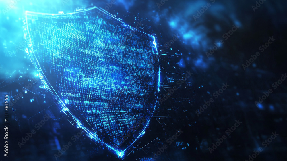 Poster abstract security shield and glowing blue cloud with binary code in low poly wireframe style. databa