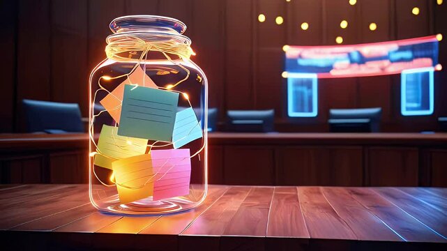 A jar filled with colorful notes illuminated on a table in a conference room setting.