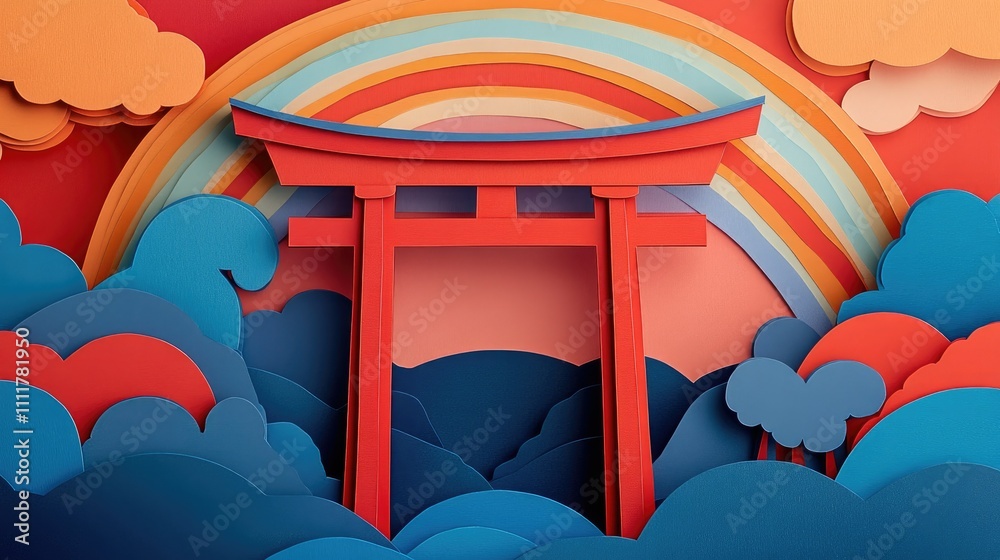 Sticker Paper cut illustration of a Torii gate with a bold rainbow stretching across a twilight sky