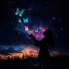 Naklejka premium Cosmic Butterfly Release by Silhouetted Figure at Twilight Digital Art Dreamy Space Landscape Ethereal Viewpoint Spiritual Concept