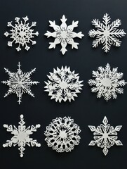 Intricately designed handcrafted paper snowflakes fill the space with creativity, awaiting a personal touch or message for winter festivities. Generative AI