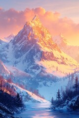 Beautiful snow covered mountains at sunrise, warm colors
