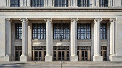 Fototapeta premium International court facade with grand architecture and flagpoles, symbolizing justice and global cooperation in resolving disputes.