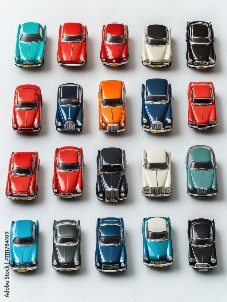 Poster A collection of miniature car models in various colors and styles arranged neatly on a clean white background, offering ample space for text. Generative AI