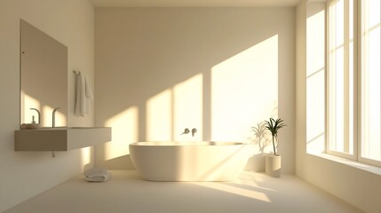 Fototapeta premium Bright and Spacious Modern Bathroom with Sleek Minimalist Design and Abundant Natural Light