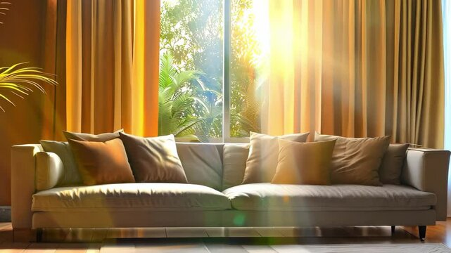 A bright living room with a sofa, decorative cushions, a potted plant, and sunlight streaming through large windows.