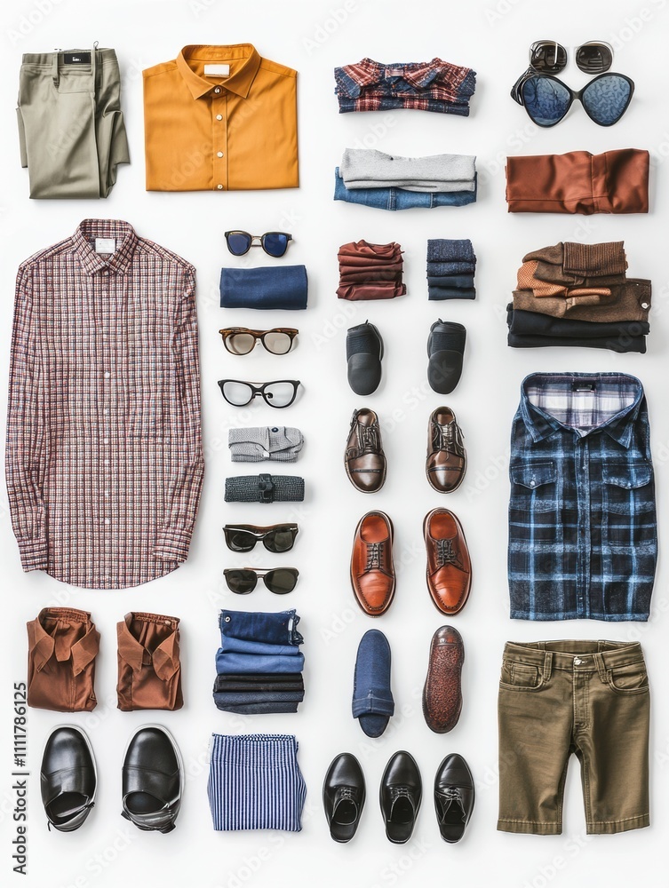 Aufkleber various shirts, pants, shoes, and accessories displayed neatly on a white background, creating an or
