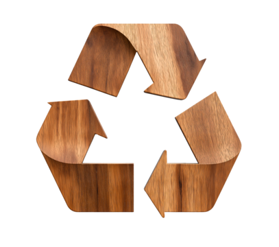 recycle symbol made of walnut wood board texture. eco recycling icon. cutout png