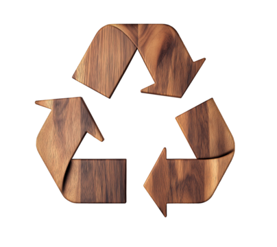 recycle symbol made of walnut wood board texture. eco recycling icon. cutout png