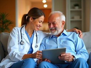 Nurse and patient on couch with tablet 