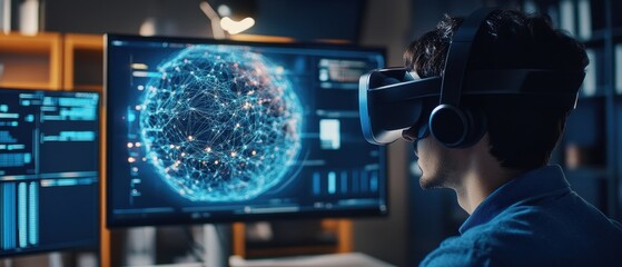 Obraz premium Modern technology exhibit showcases immersive digital interaction in a futuristic environment