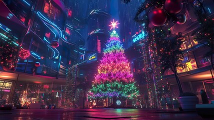 Obraz premium Futuristic city square with a vibrant, rainbow-lit Christmas tree, surrounded by glowing buildings and festive decorations.