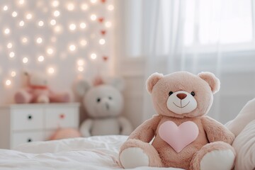 Delicate card for valentine`s day with teddy bear with heart, romantic and tender concept, celebrate, date and gifts, copy space