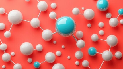 A colorful abstract representation of molecular structures, featuring white and blue spheres interconnected on a vibrant coral background.