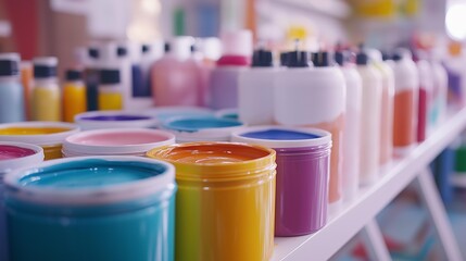 AI generator images of paint shop with products displayed, painting supplies and tools displayed organized color pallete range of colors, Professional painters at work on various surfaces