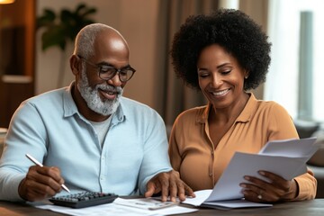 Joyful couple managing finances together at home while reviewing paperwork, using a calculator, and enjoying quality time in a cozy and inviting space.
