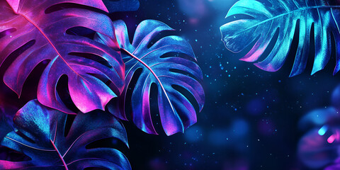 Naklejka premium Neon palm leaves with vibrant tropical aesthetic in glowing blue and purple against dark background