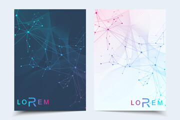 Scientific brochure design template. Vector flyer layout, Molecular structure with connected lines and dots. Scientific pattern atom DNA with elements for magazine, leaflet, cover, poster design
