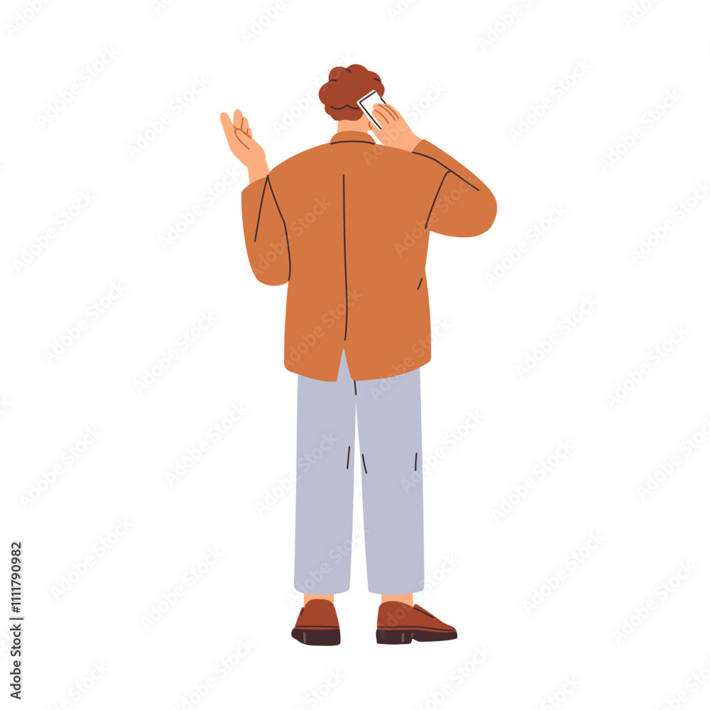 Poster business man speaking on mobile phone, standing in rear back behind view. office worker talking on s