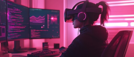 Engaging in virtual reality gaming while surrounded by advanced technology in a dimly lit room