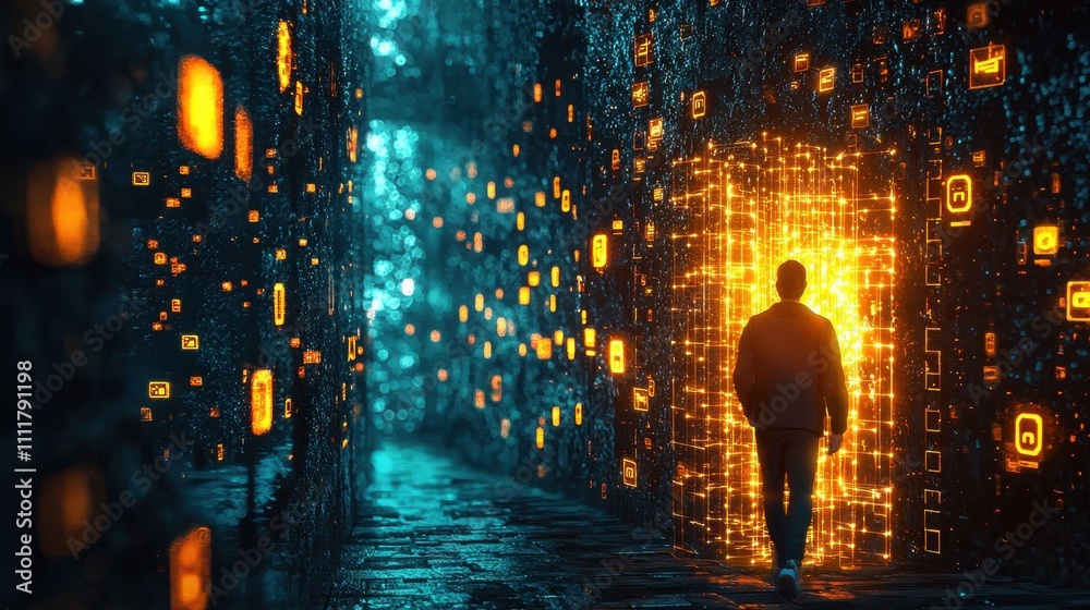 Poster artistic scene showcasing vulnerabilities in cybersecurity with abstract digital elements