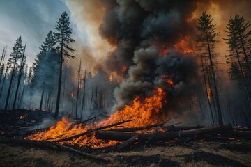 Fototapeta premium Wildfire consumes forest area during late afternoon in a dense woodland