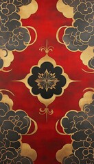 Repeating cloud patterns in red and gold with a bold central emblem