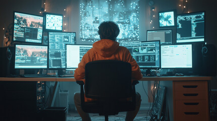 Cybersecurity Vigilance: A hooded figure sits before a wall of monitors, each displaying complex code and data streams, in a dimly lit room.
