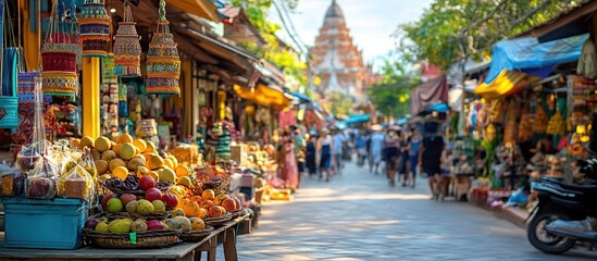 Fototapeta premium Vibrant Asian Market Street Scene: Exotic Fruits and Colorful Crafts