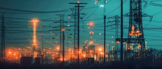 Industrial power station at night showcasing glowing pylons and electrical infrastructure