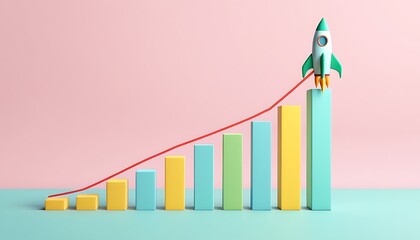 Growing Graph, Pastel Colored Growing Graph With rising rocket growth and profit in business