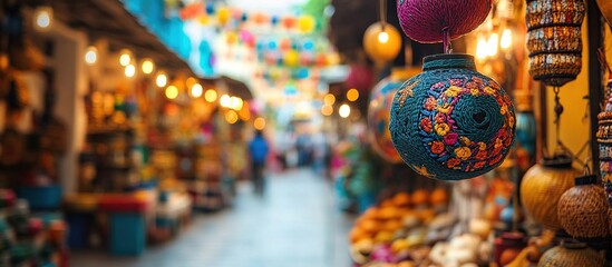 Fototapeta premium Vibrant Night Market Scene: Handcrafted Lanterns and Colorful Goods