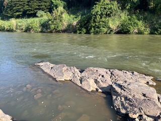 Beautiful landscape of river with rock. Peace and calm scene concept. 