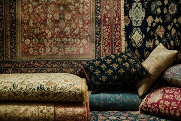 Ornate rugs and patterned pillows stacked.
