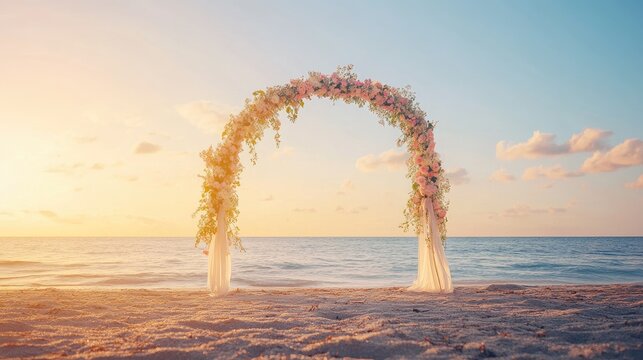 Floral wedding arch with delicate ribbons, placed on a quiet beach glowing under the golden hues of sunset. No people.
