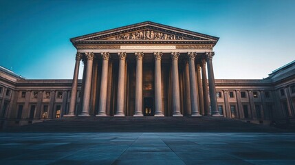 A grand architectural structure with classical columns under a blue sky.