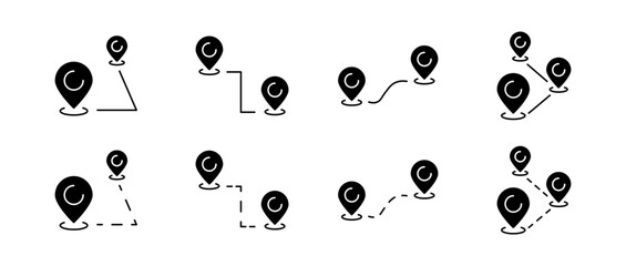 Map point route set icons. Silhouette style. Vector icons.