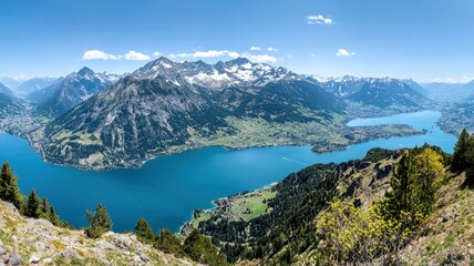Fototapeta premium A panoramic view of serene blue lakes surrounded by majestic mountains under a clear sky, showcasing the beauty of nature.
